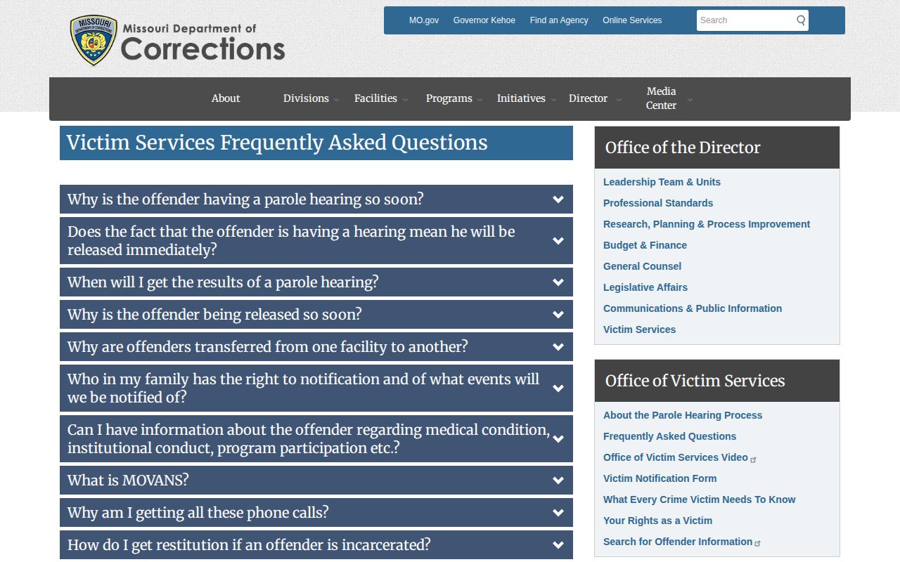 Official MODOC MOVANS instructions explaining custody notifications and telephone PIN confirmation