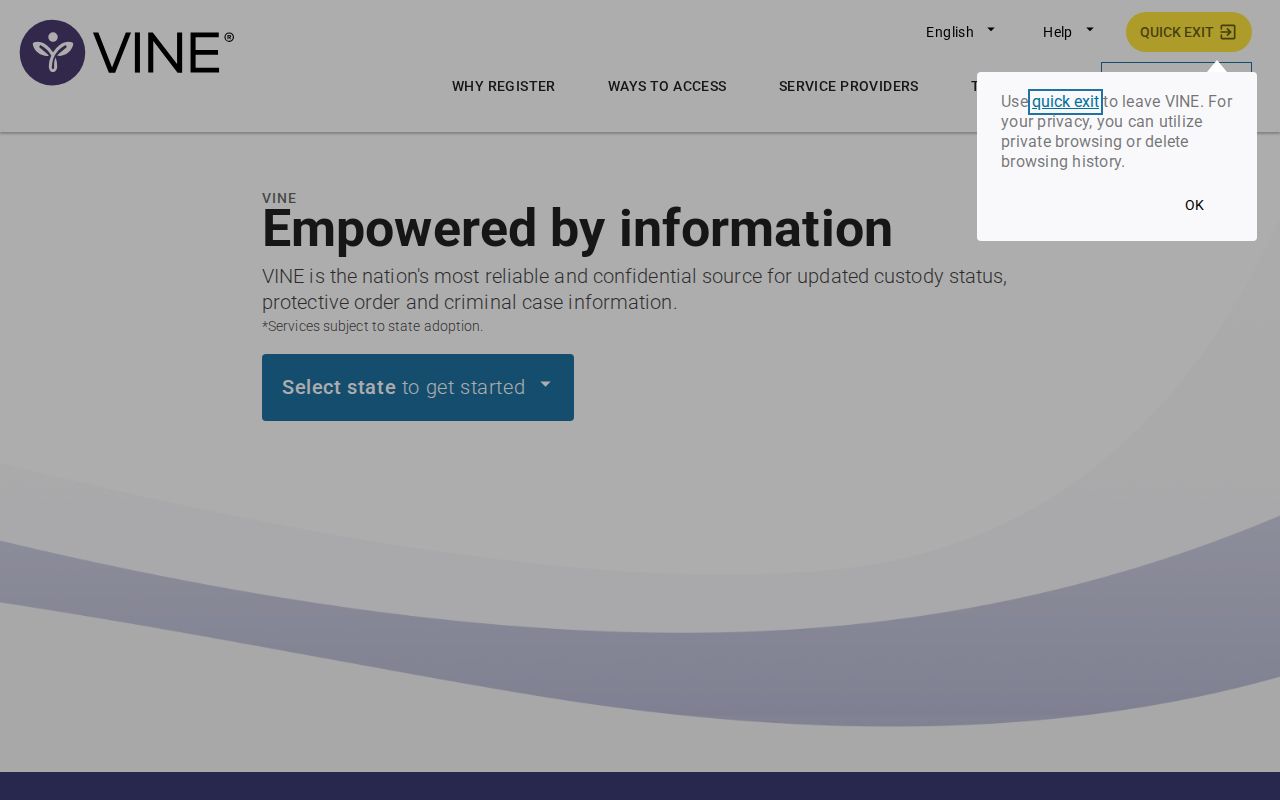 VINELink state selection page used to begin a Missouri custody search