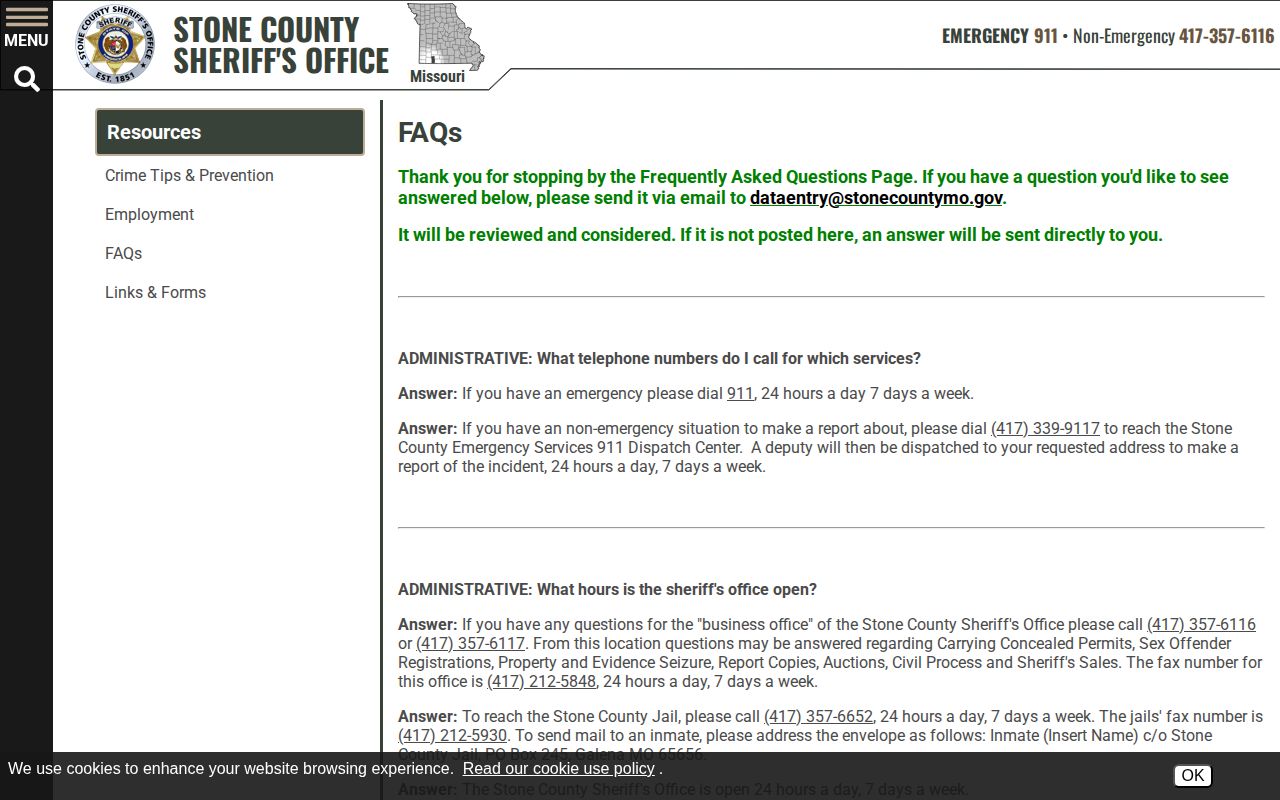 Stone County Sheriff's Office jail contact and records FAQ