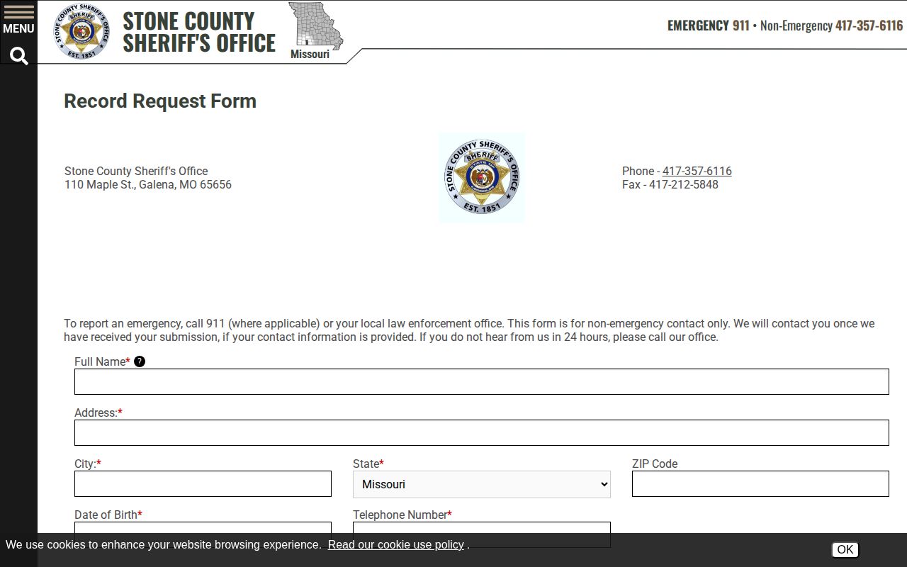 Stone County released inmate record request form