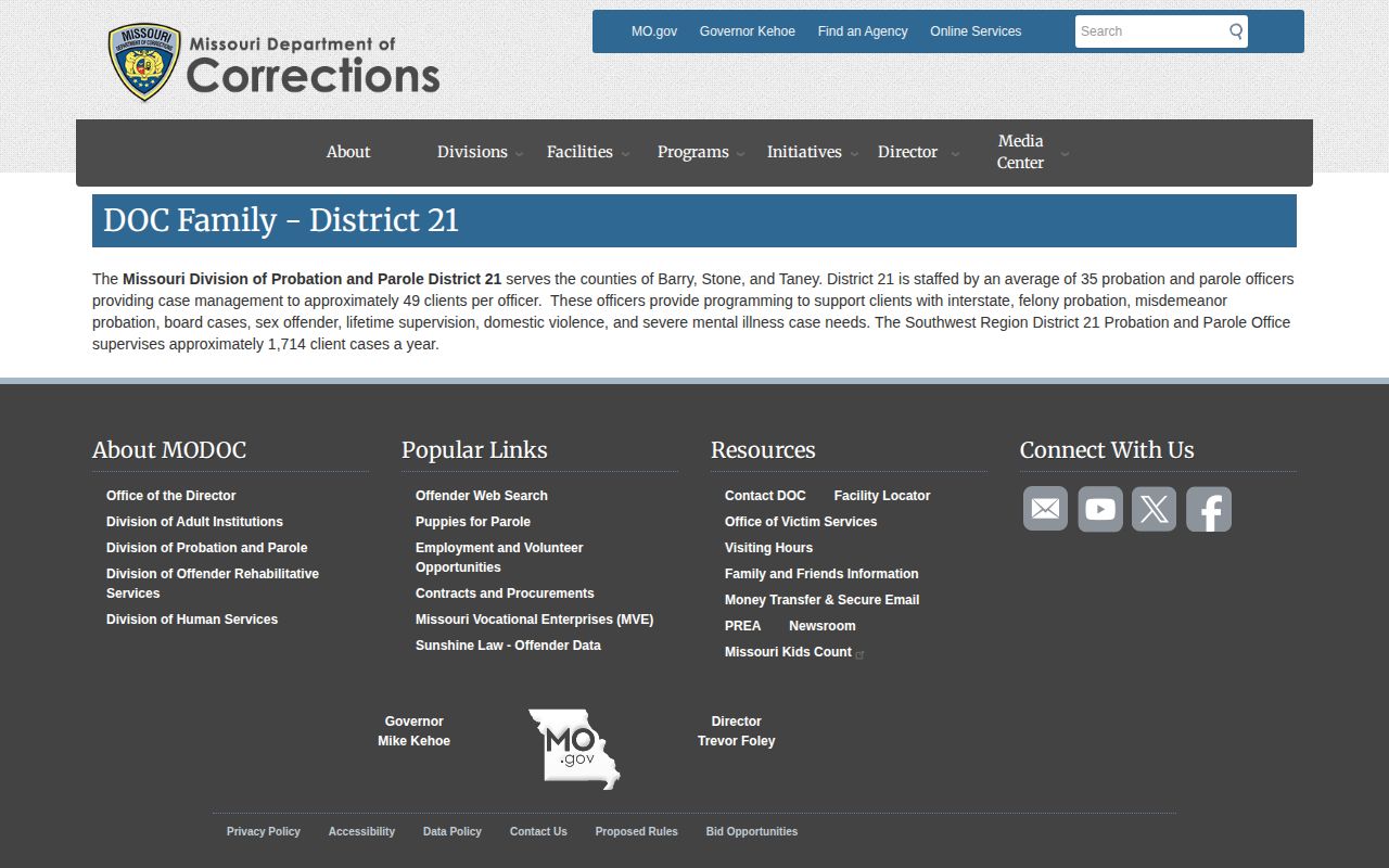 Missouri Department of Corrections District 21 page showing its Stone County service area