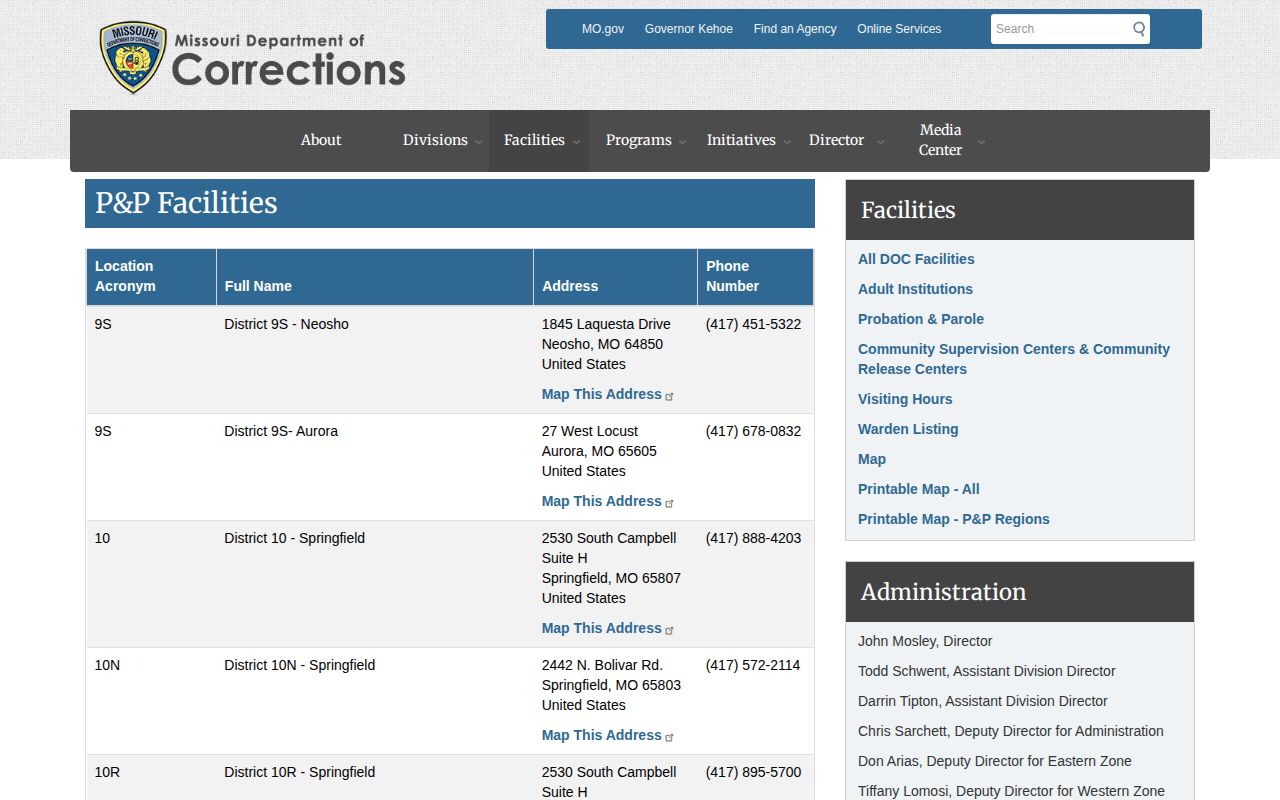MODOC probation and parole address listing with Galena and Branson District 21 offices
