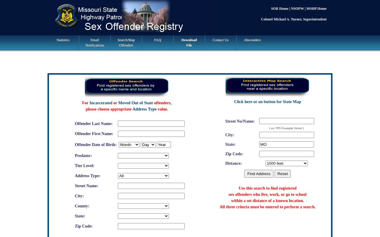 Missouri State Highway Patrol offender registry search interface